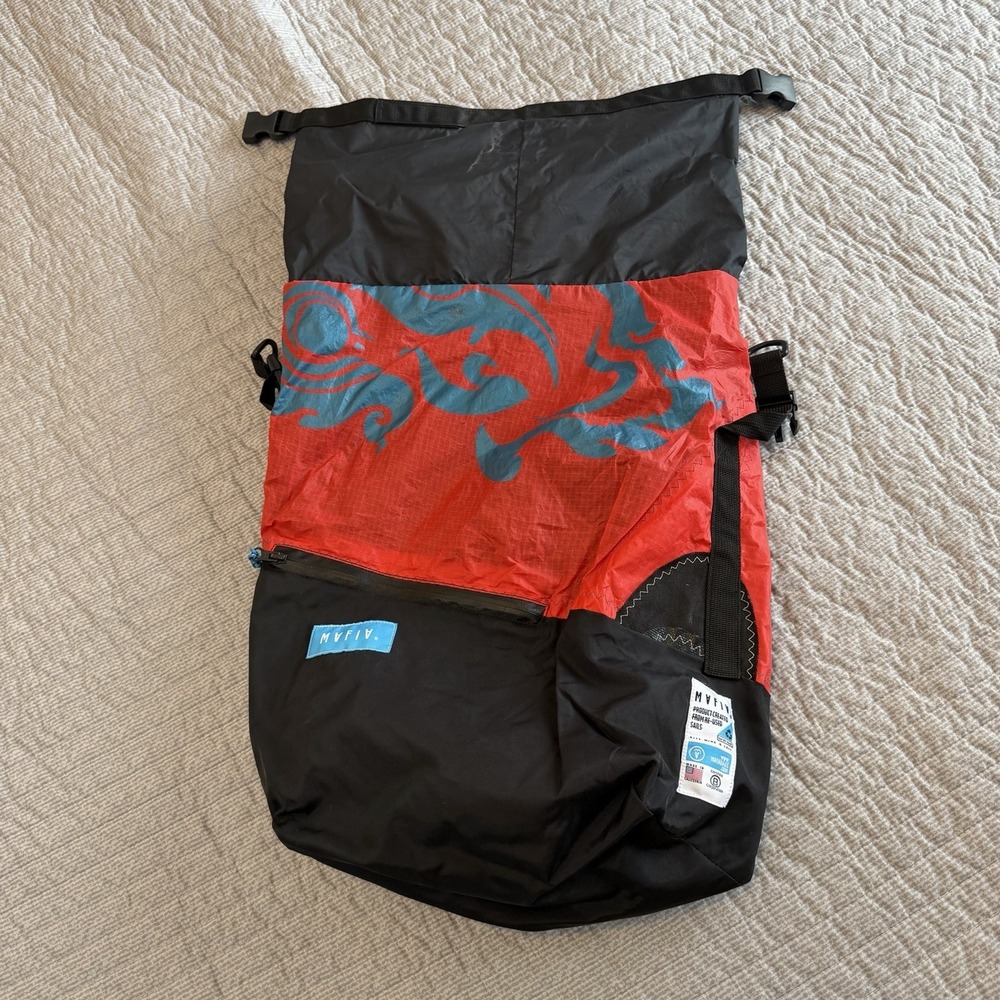 Upcycled Sailcloth MAFIA Bags Backpack Sustainable Surf Red Black  18" x 12" USA